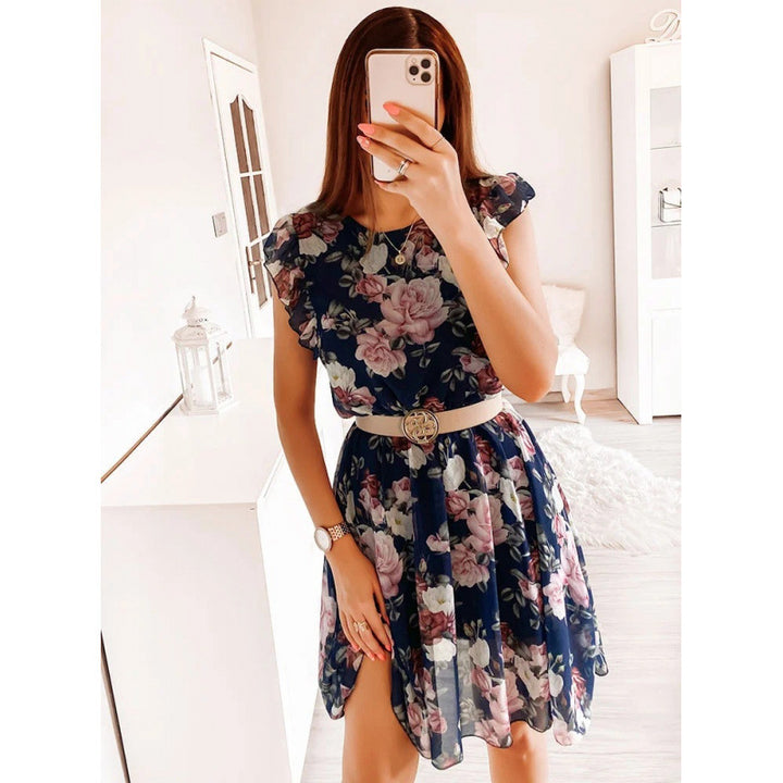 Damen Sommerliches Blumenkleid mit Rüschendetails und Taillengürtel Drune