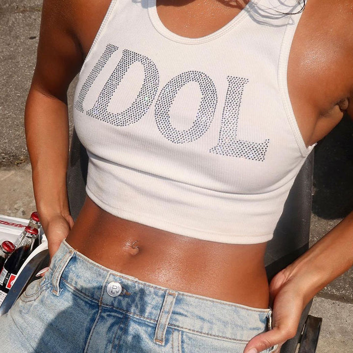 Damen trendy Cropped Top mit funkelndem Schriftzug und prägnantem Schmetterlingsdesign Drune