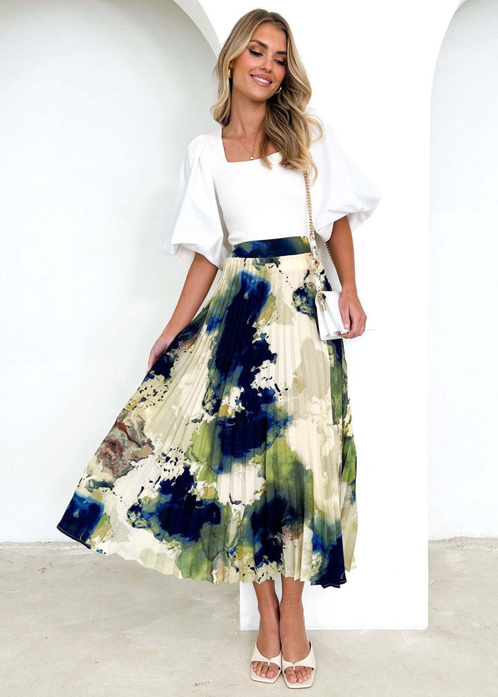 Damen Plissee-Rock mit farbenfrohem Aquarell-Muster und eleganter Taille Drune