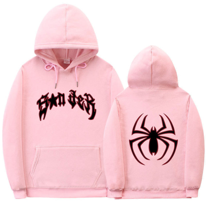 Damen Kapuzenpullover mit auffälligem Spinnenmotiv und grobem Schriftzug Drune