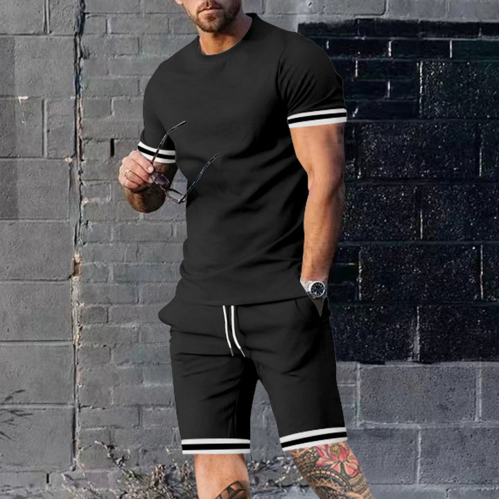 Herren nan athletisches Freizeit-Set aus Baumwoll-Feinjersey mit Kontrastbündchen und Kordelbund-Kurzhose Drune