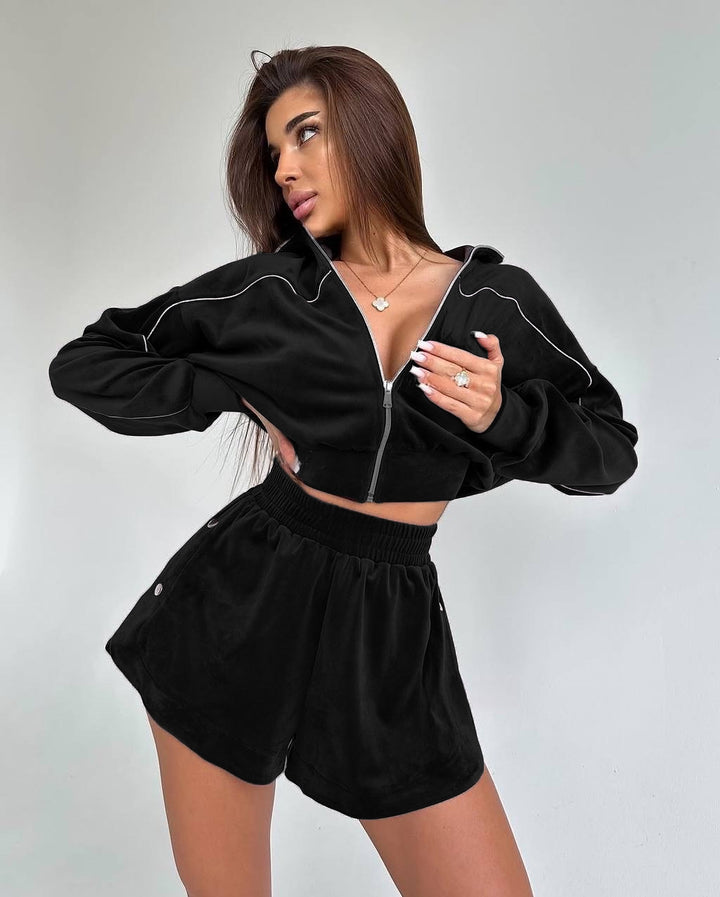 Damen Cropped Velours-Set mit Reißverschluss und elastischem Bund Drune