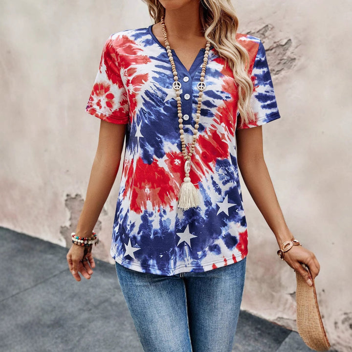 Damen Knopf-Detail T-Shirt mit Batikmuster Drune