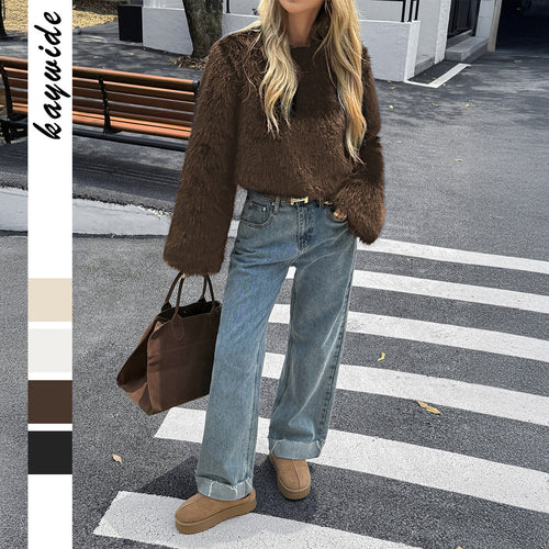 Damen nan kuscheliger Cropped-Faux-Fur-Pullover mit ausgestellten Ärmeln Drune
