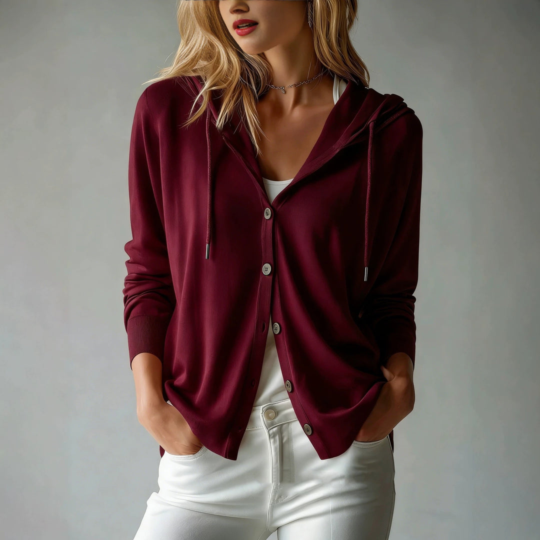 Damen nan leichter Kapuzen-Cardigan mit Knopfleiste und Tunnelzug Drune