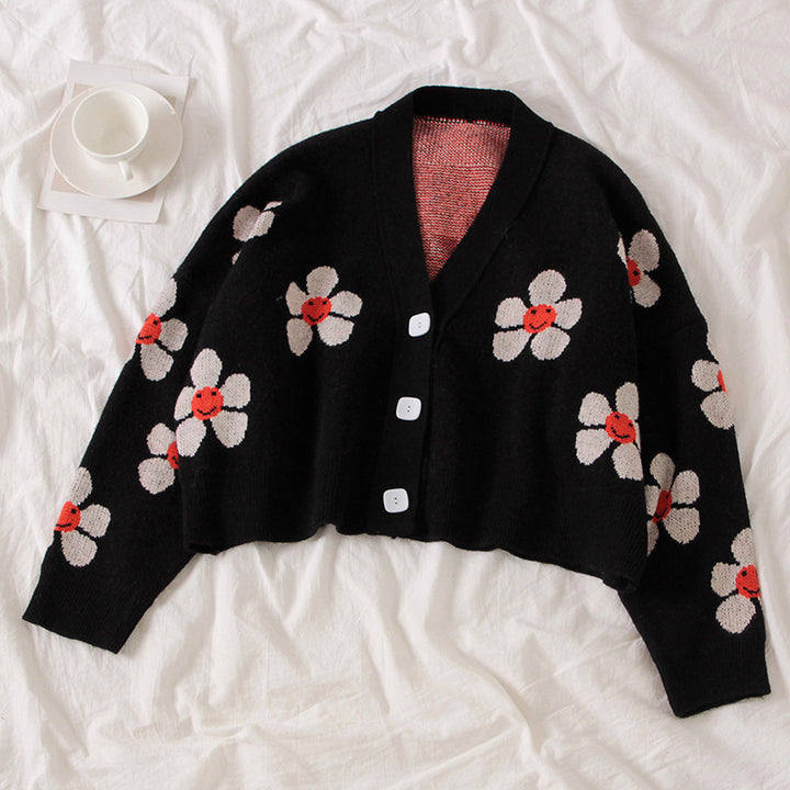 Damen grobstrick Cardigan mit floralem Muster und Knopfdetails Drune