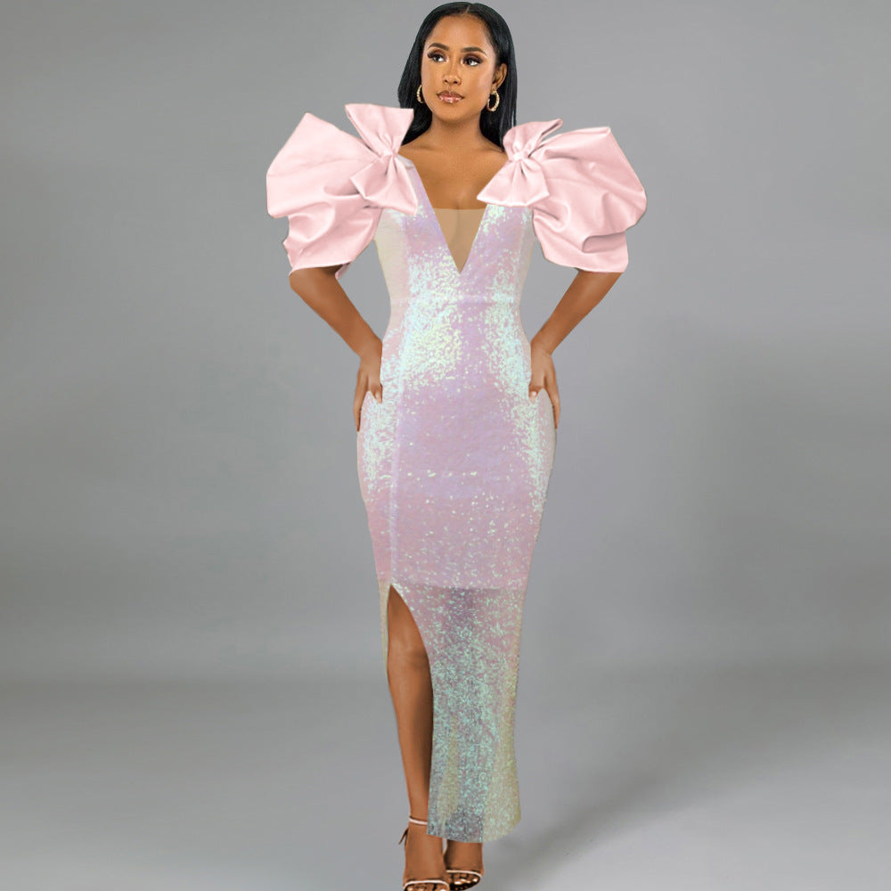 Damen Figurbetontes Glamour-Kleid mit schimmerndem Stoff und voluminösen Ärmeln Drune