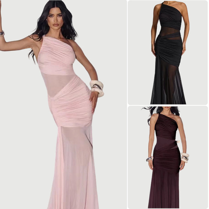 Damen elegantes asymmetrisches Abendkleid mit raffinierten Rüschendetails Drune
