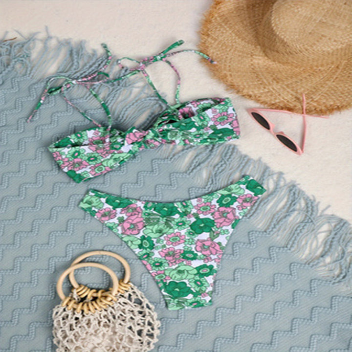 Damen Triangel-Bikini mit floralem Muster und verstellbarem Knoten Drune