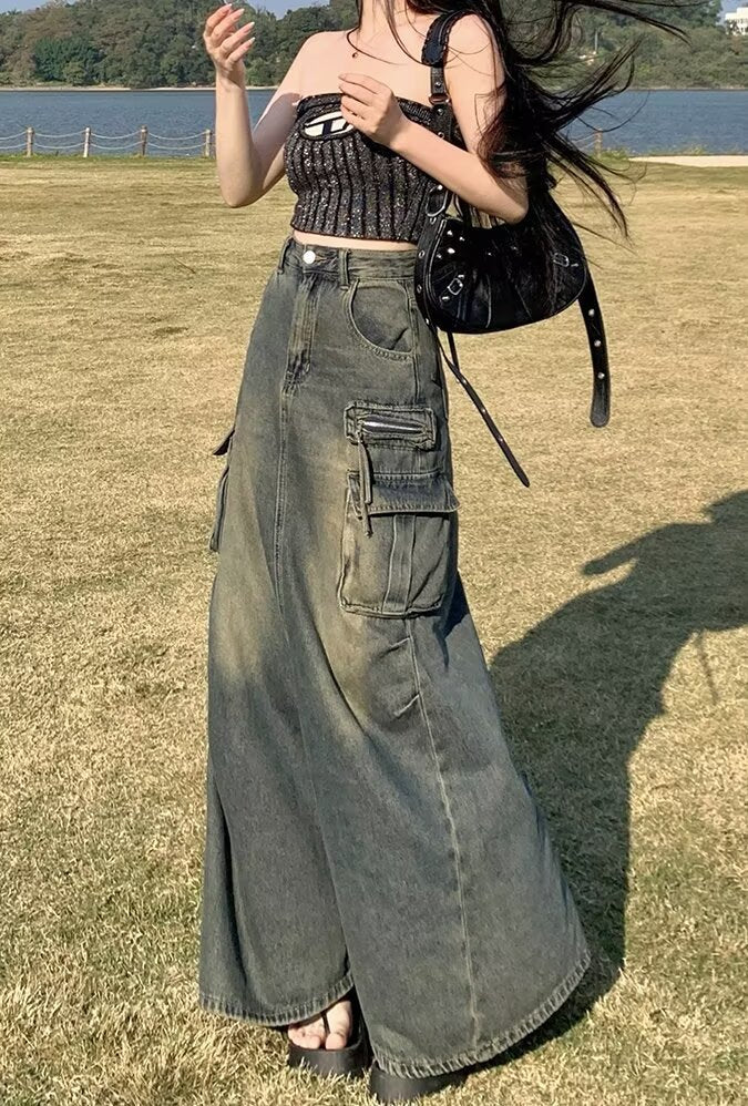 Damen Langer Denim-Rock mit hochgezoggtem Bund und praktischen Taschen Drune