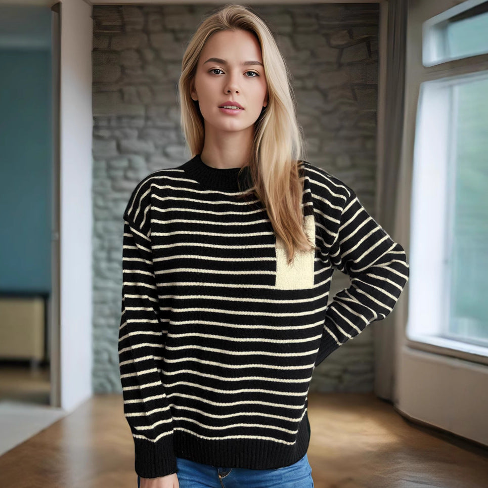 Damen gestreifter Pullover mit lässiger Passform und breiten Ärmeln Drune