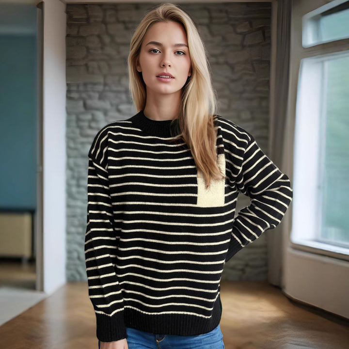 Damen gestreifter Pullover mit lässiger Passform und breiten Ärmeln Drune
