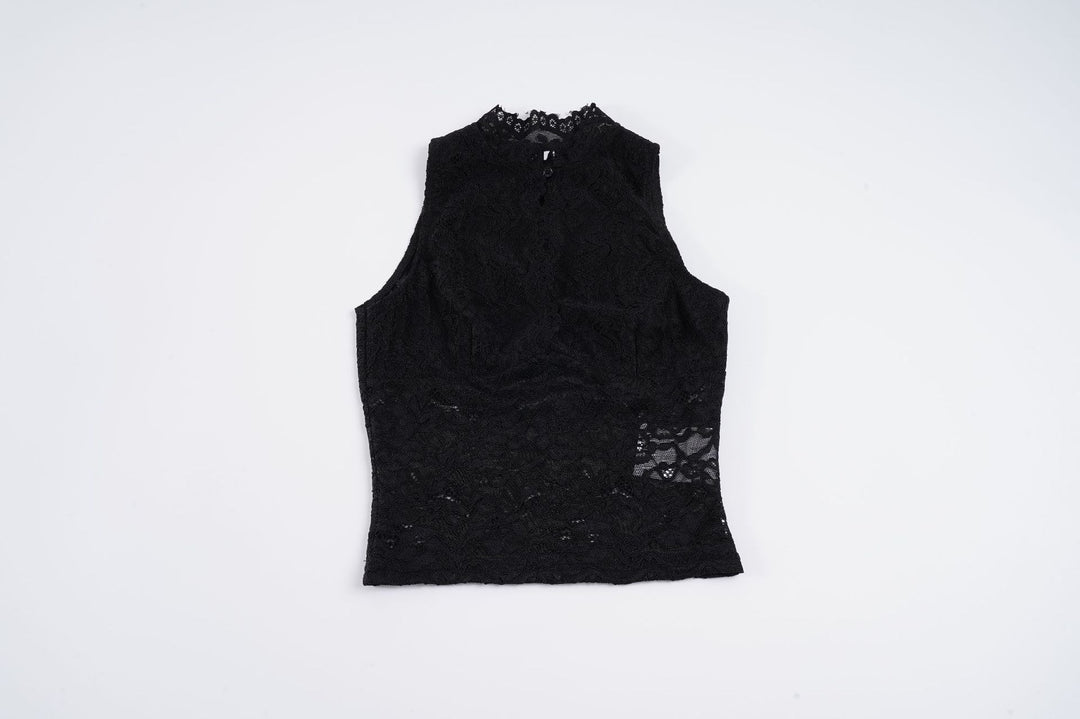 Damen Spitzen-Crop-Top mit elegantem Stehkragen und transparenten Einsätzen Drune