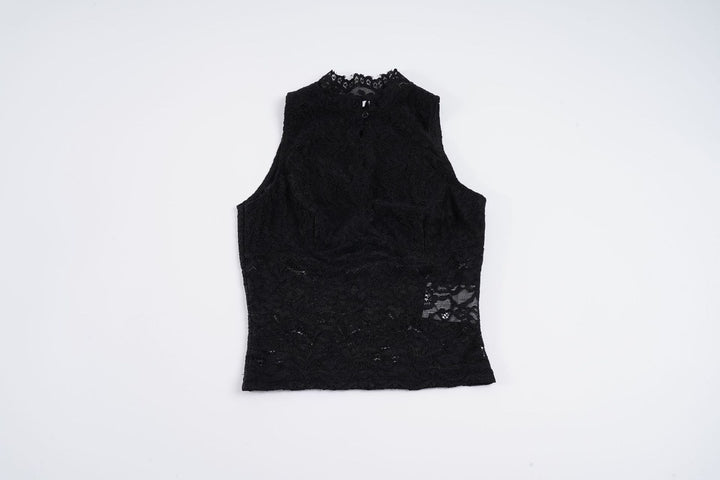 Damen Spitzen-Crop-Top mit elegantem Stehkragen und transparenten Einsätzen Drune
