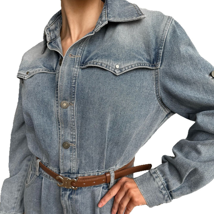 Damen Denim-Jumpsuit mit weitem Bein und modischem Kragen Drune