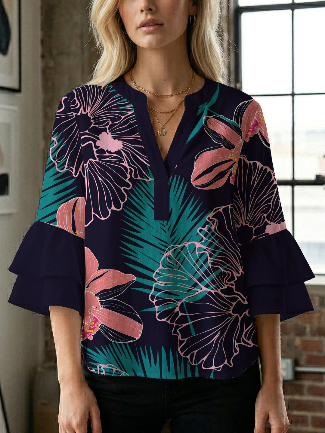 Damen Bluse mit voluminösen Rüschenärmeln und floralem Druck Drune
