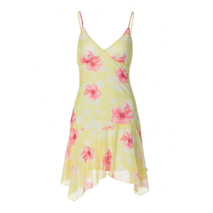 Damen flirtendes Minikleid mit floralem Volant und tiefem V-Ausschnitt Drune
