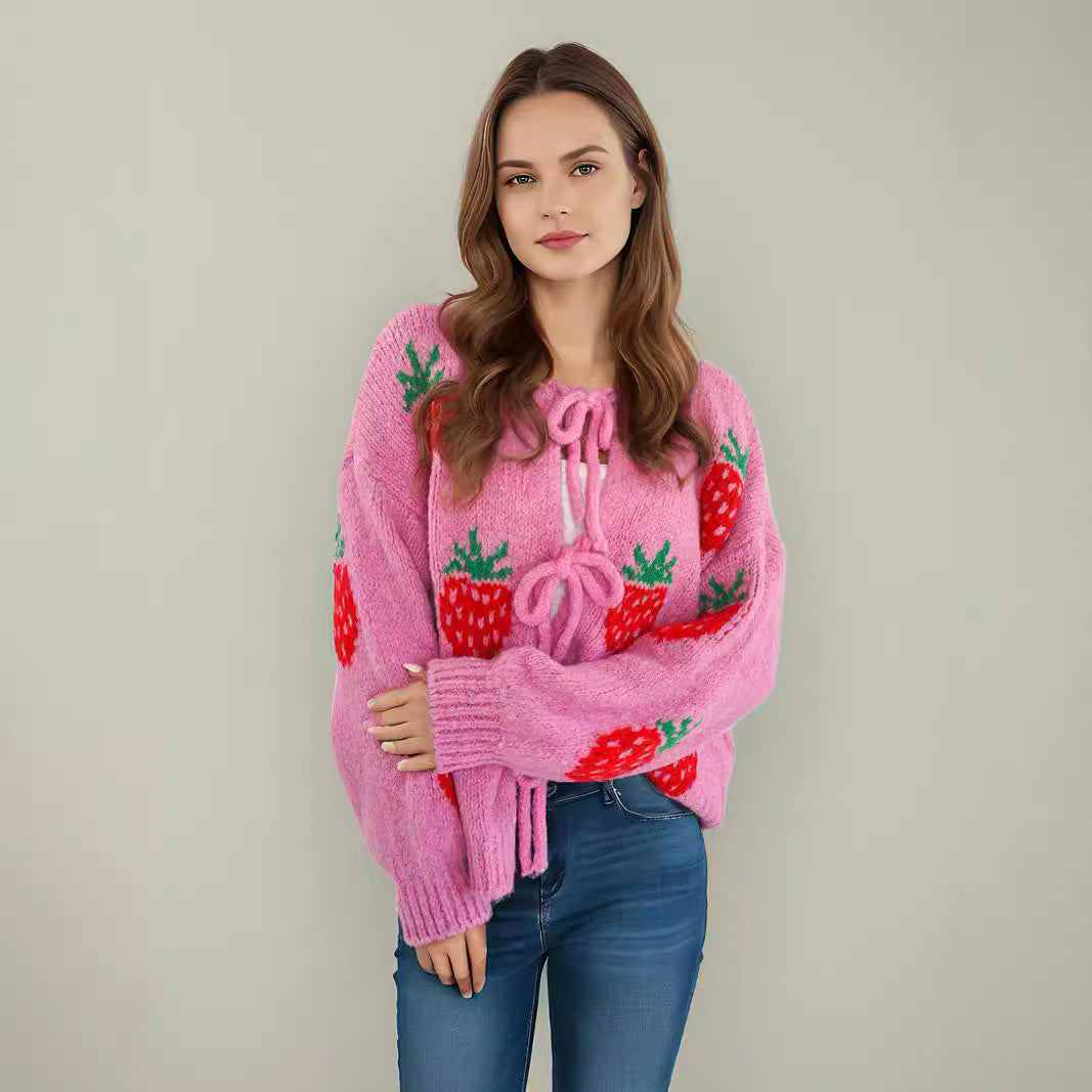 Damen kuscheliger Pullover mit fruchtigem Erdbeer-Motiv Drune