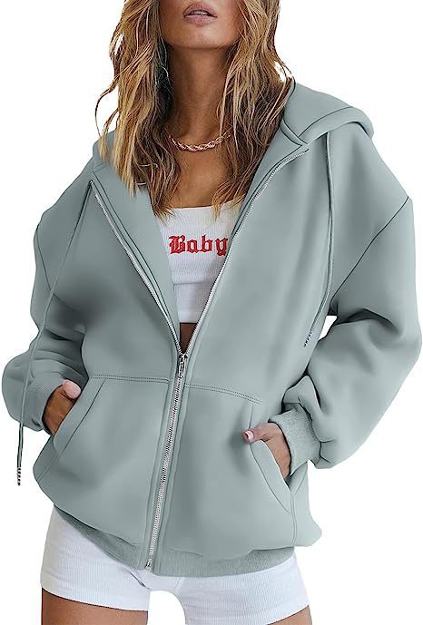 Damen nan oversized Kapuzenjacke mit durchgehendem Reißverschluss Kängurutaschen und weichem Sweatmaterial Drune