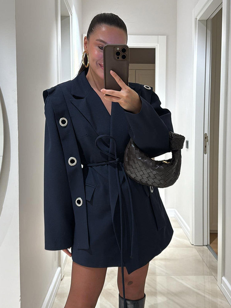 Damen Oversized Blazerjacke mit modischen Bindetail und großen Knöpfen Drune