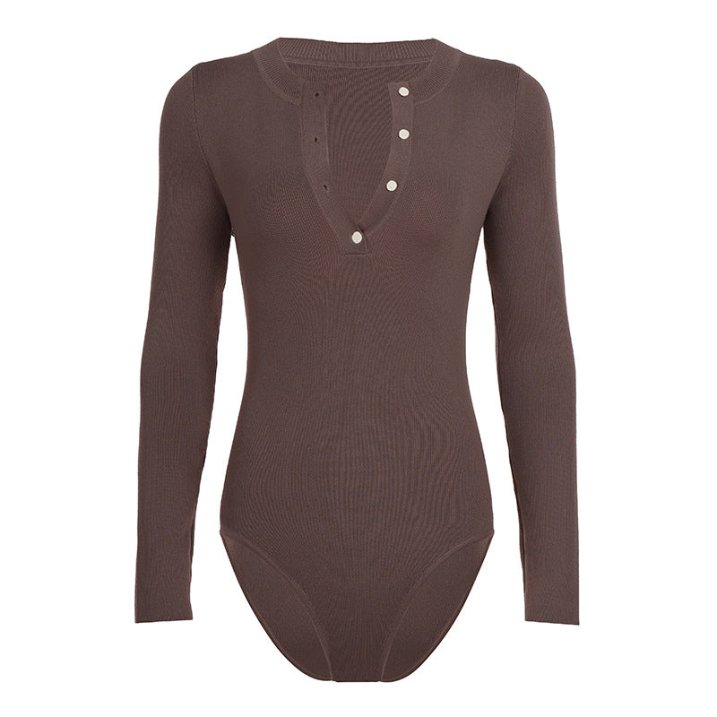 Damen Langarm-Bodysuit mit Knopfleiste und Rippstruktur Drune