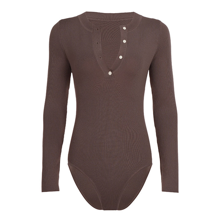 Damen Langarm-Bodysuit mit Knopfleiste und Rippstruktur Drune