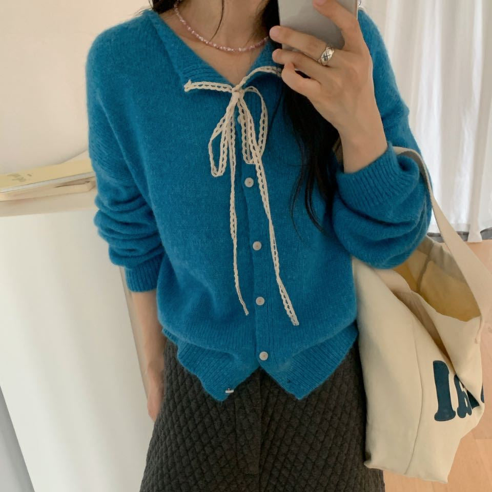 Damen lässiger Strickcardigan mit Kordelzug und feiner Struktur Drune