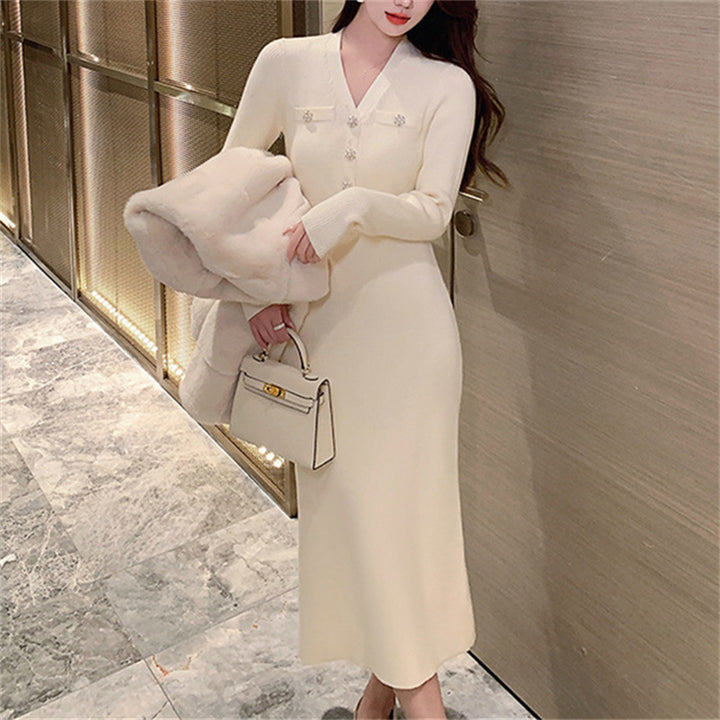 Damen Elegantes Maxikleid mit V-Ausschnitt und Knopfdetails Drune