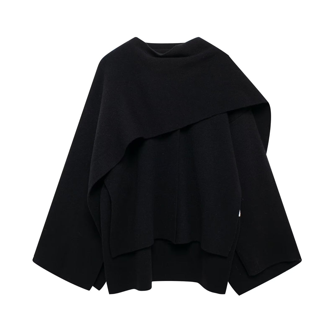 Damen nan zweilagiger Strickponcho mit asymmetrischem Saum und dekorativem Knopfkragen Drune