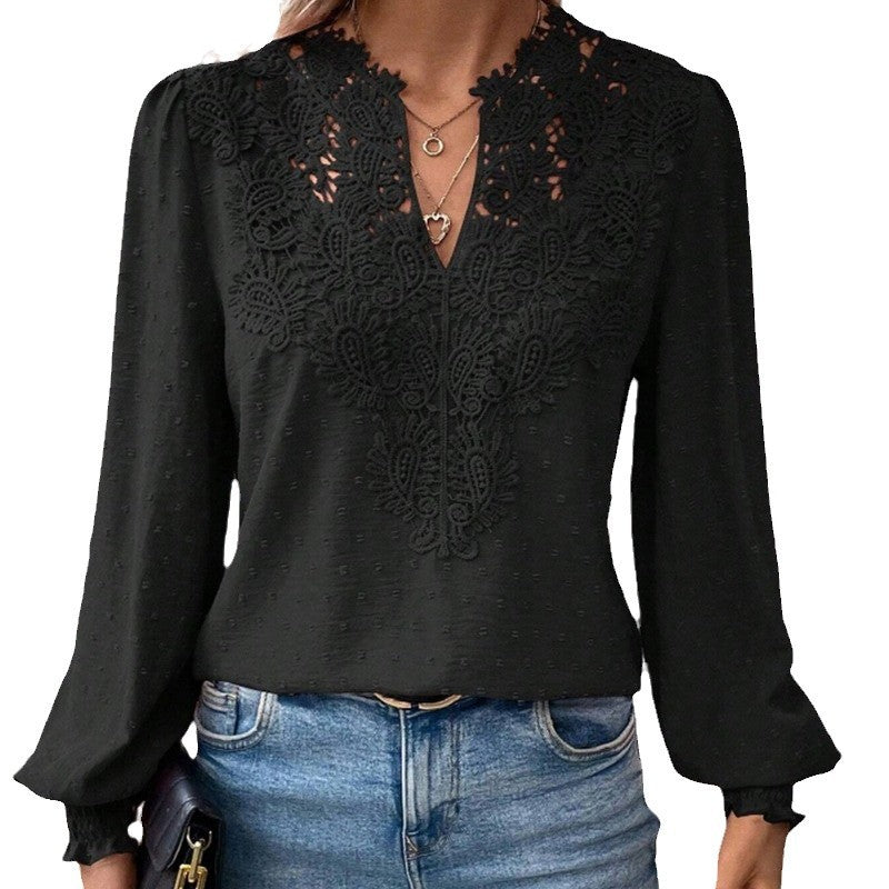 Damen Bluse mit gesticktem V-Ausschnitt und langen Ärmeln Drune