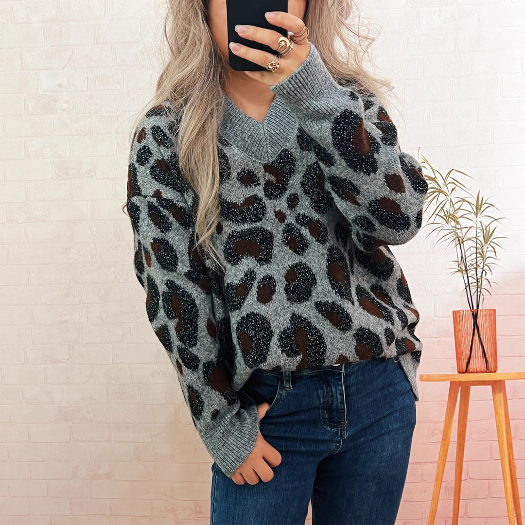 Damen lässiger Strickpullover mit animalischem Muster Drune