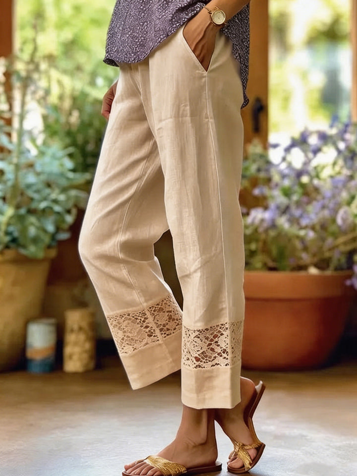 Damen Elegante Leinenhose mit Spitzenakzenten Drune