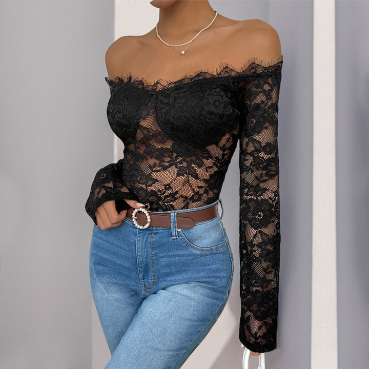 Damen Spitzenbody mit Off-Shoulder-Ausschnitt und langen Ärmeln Drune