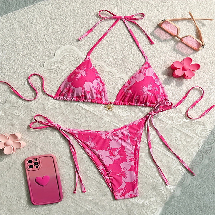 Damen Triangel-Bikini mit floralem Muster und eleganten Bindebändern Drune