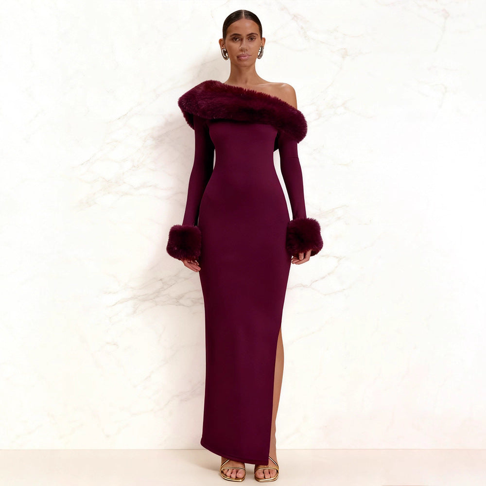 Damen Langarm-Maxikleid mit schulterfreier Optik und eleganten Fellakzenten Drune