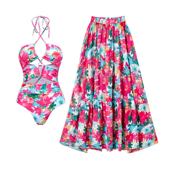 Damen Bikiniset mit voluminösen Rüschendetails und fließendem Maxi-Rock Drune