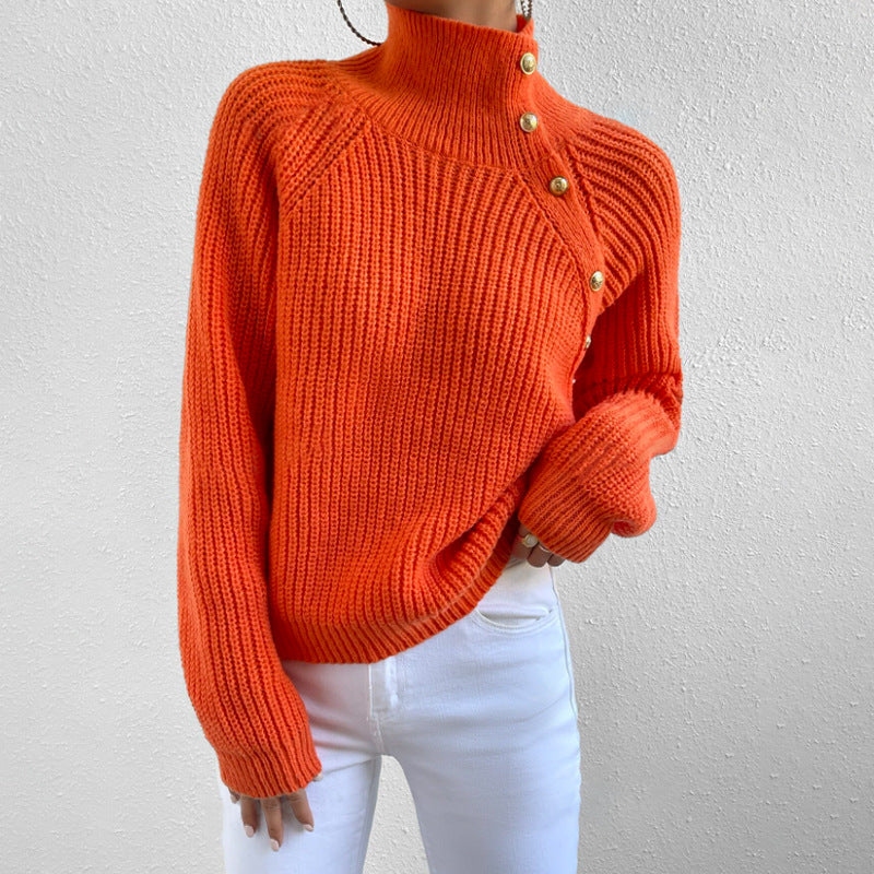 Damen Modischer Strickpullover mit hohem Kragen und Knopfdetail Drune