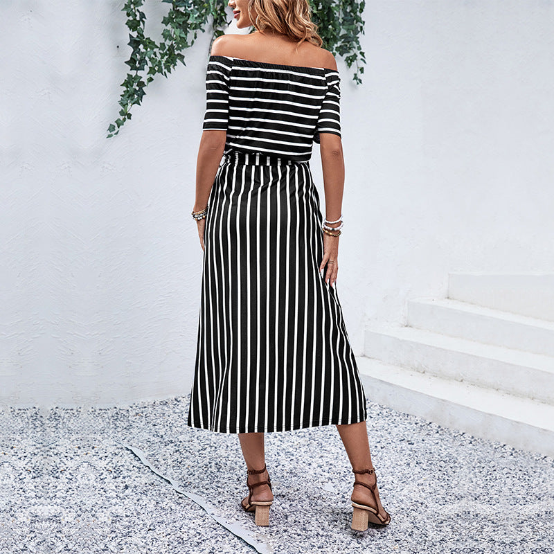 Damen Maxikleid mit schickem Off-Shoulder-Design und gestreiftem Muster Drune