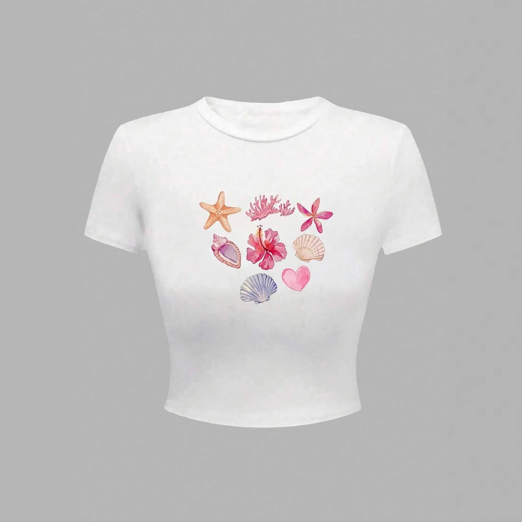 Damen Crop-T-Shirt mit maritimen Aufdrucken Drune