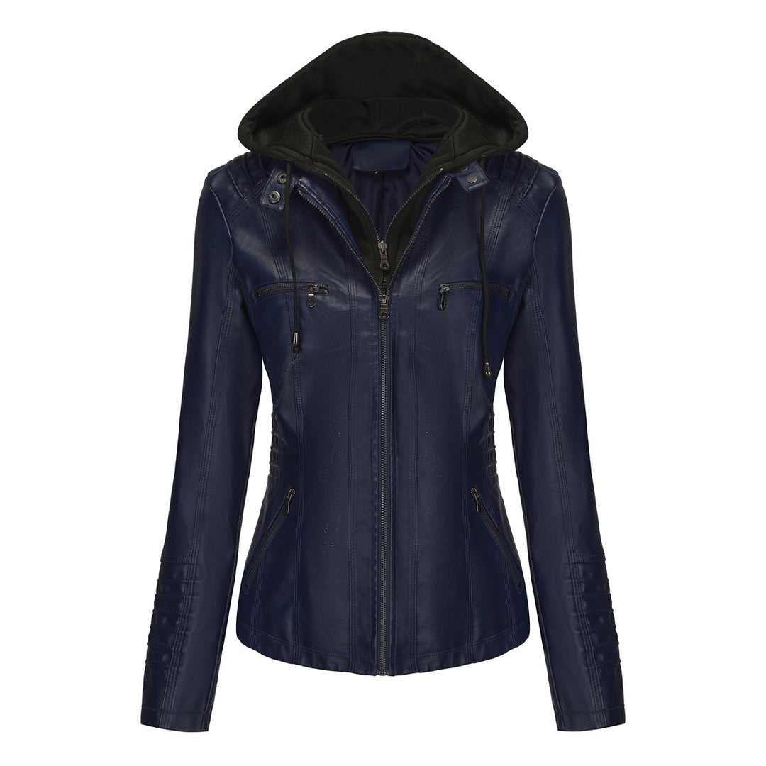 Damen nan taillierte Kunstlederjacke mit Kapuze, gesteppter Armblende und verdeckten Reißverschlusstaschen Drune