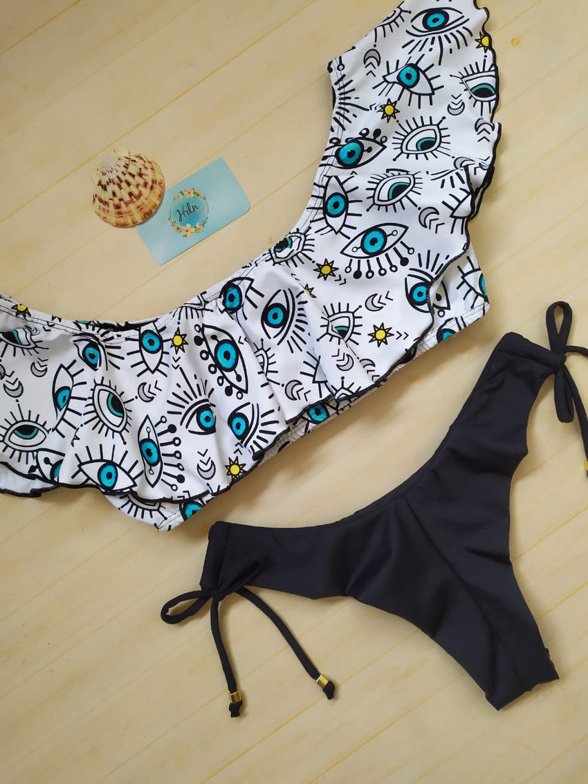 Damen Bunt bedruckter Bikini mit Schultervolants Drune
