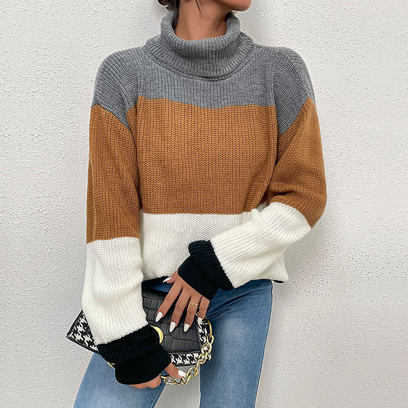 Damen Strickpullover mit hohem Kragen und trendigem Farbblockdesign Drune