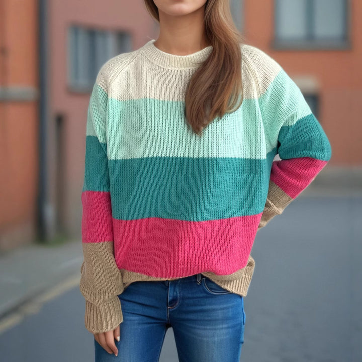 Damen gestreifter Strickpullover mit lässigem Schnitt und buntem Design Drune