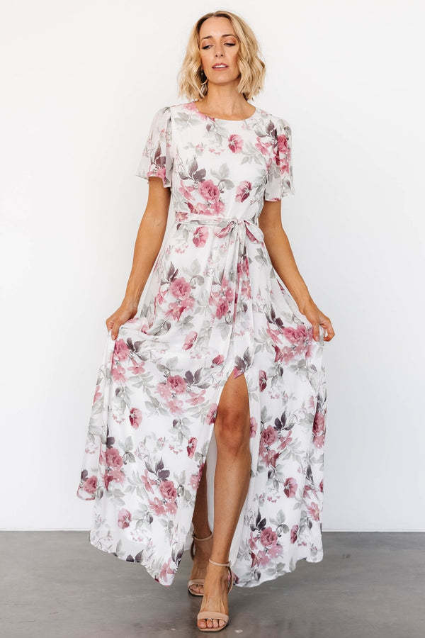 Damen florales Maxikleid mit tiefem Schlitz und Taillengürtel Drune