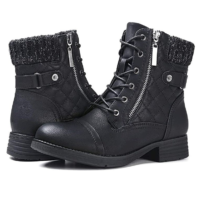 Damen nan gequiltete Schnür-Bikerboots mit seitlichem Reißverschluss, gepolstertem Schaft und robustem Profilsohle Drune