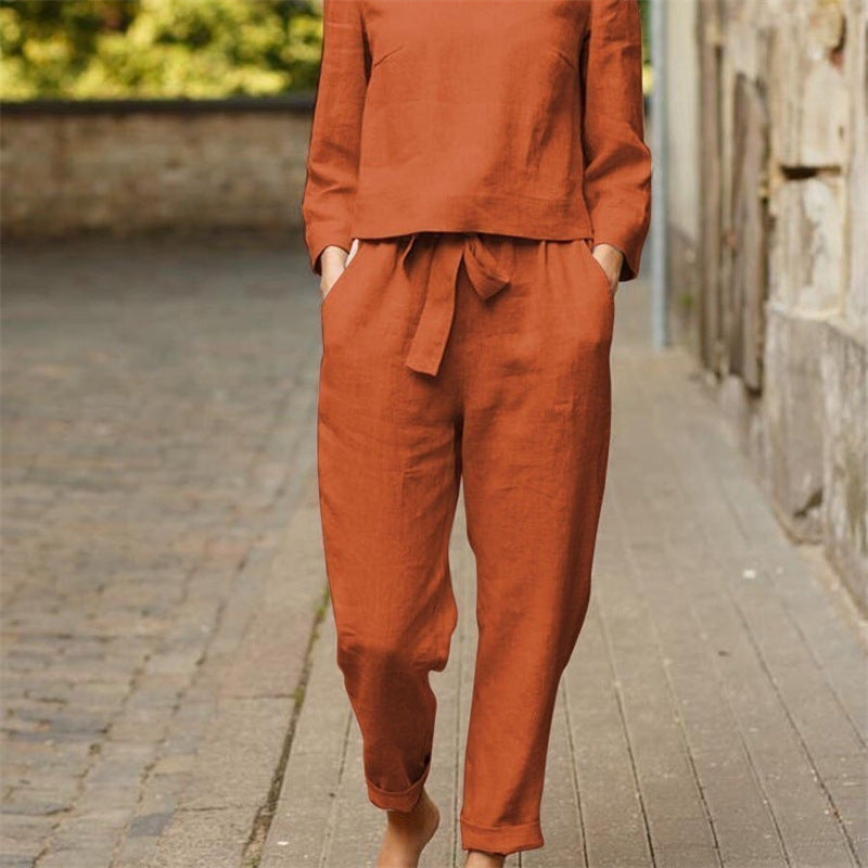 Damen Lässiges Zweiteiliges Leinen-Outfit mit breitem Bund Drune