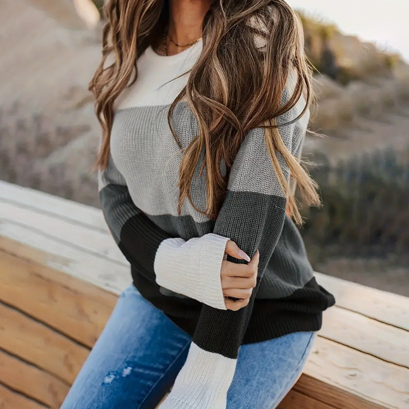 Damen Lässiger Pullover mit modischem Blockstreifen-Design Drune