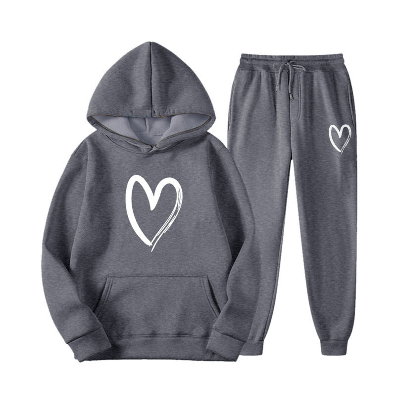 Damen Sweatsuit mit Kängurutasche und herzförmigem Print Drune