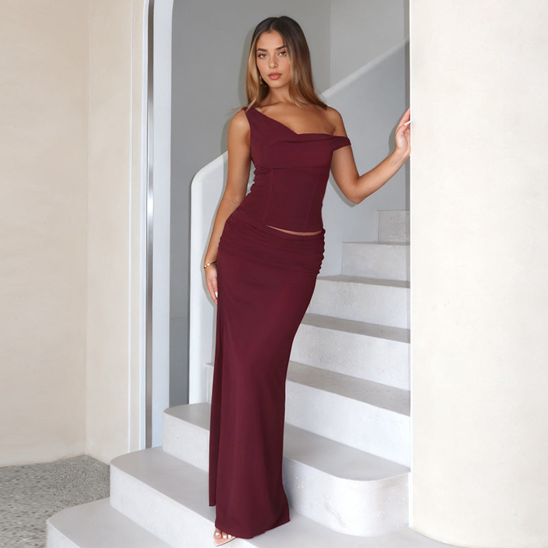 Damen Maxikleid mit schulterfreiem Design und elegantem Rüschendetail Drune