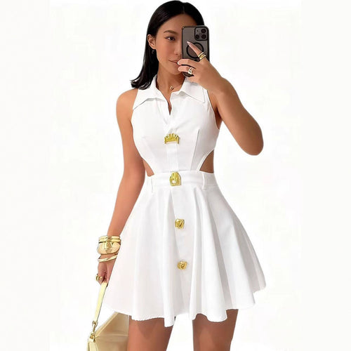 Damen modisches Hochzeitskleid mit Knopfverschluss und seitlichen Cut-Outs Drune